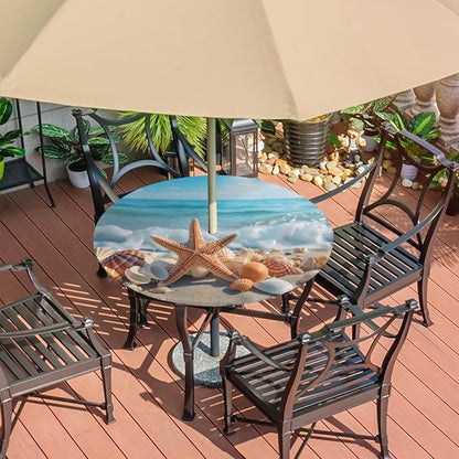 Outdoor Round Tablecloth with Umbrella Hole, Shell Starfish Fitted Table Cloth with Elastic 36"-44" Waterproof Oil-Proof Circle Patio Table Cover for Picnic Camping Party