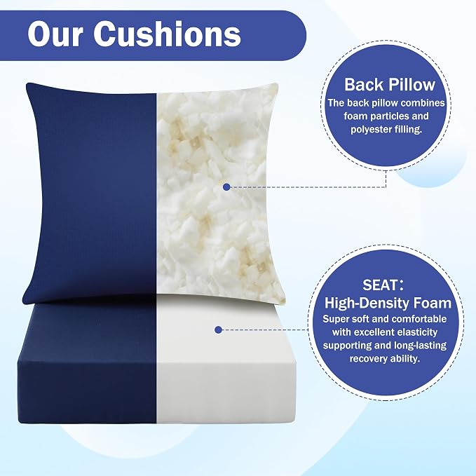 Outdoor Chair Cushions, 24 x 24 Inch Outdoor Cushion for Patio Furniture, Patio Chair Cushion, Waterproof & Fade Resistant Deep Patio Furniture Cushions Set with Handle and Ties, Navy Blue (Set of 2)