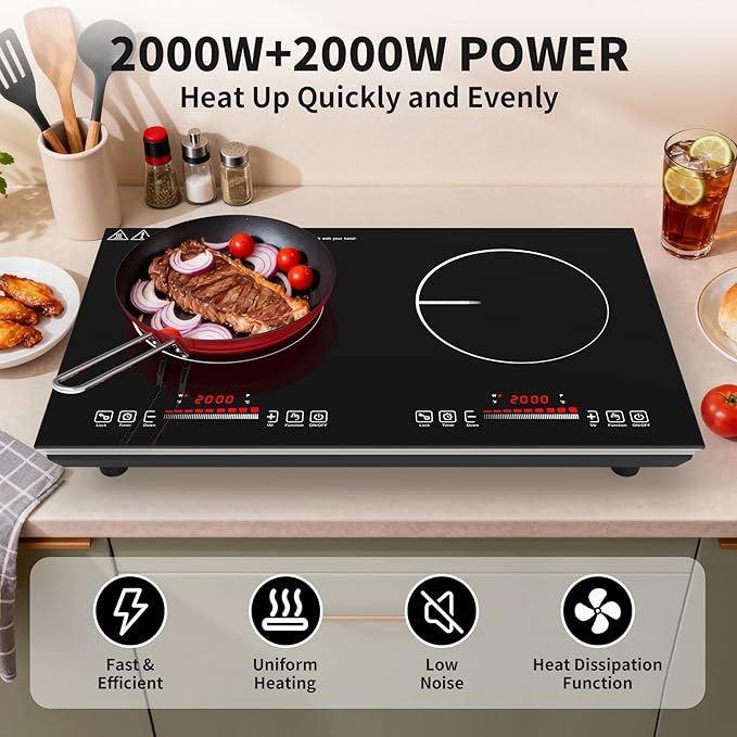 VBGK 2 burner Induction cooktop,110V 4000W induction hot plate with touch Control,9 Power Levels, Kids Lock & Timer,LED touch control 2 burner induction cooker