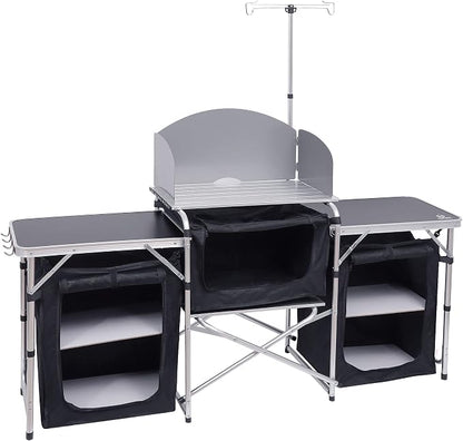 Nice C Camping Kitchen Table, Folding Cook Table, Cook Station (Silver) | Portable Grill Table, Upgraded Light Stand, Windshield, 3 Organizers, Carry Bag, Grill, Outdoor, Beach, BBQ, Picnic, Cooking