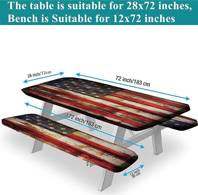 American Flag Picnic Table Fitted Tablecloth Cover, Symbolism over Old Rusty Tones Weathered Vintage Social Plank Artwork Table Cloth, 28x72 In, 3 Piece Set, for Outdoor, Camping, Picnics Parties Use