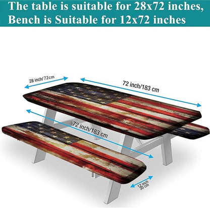 American Flag Picnic Table Fitted Tablecloth Cover, Symbolism over Old Rusty Tones Weathered Vintage Social Plank Artwork Table Cloth, 28x72 In, 3 Piece Set, for Outdoor, Camping, Picnics Parties Use