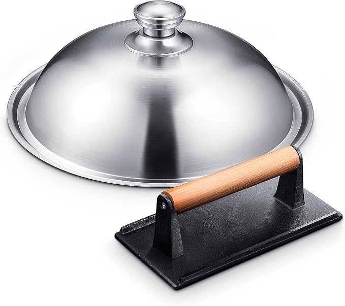 Homenote Griddle Accessories Kit for Blackstone with Dome and Burger Press | Includes a 12.5 inch 304 stainless steel dome and rectangular cast iron press for burgers, bacon, steaks, and vegetables.