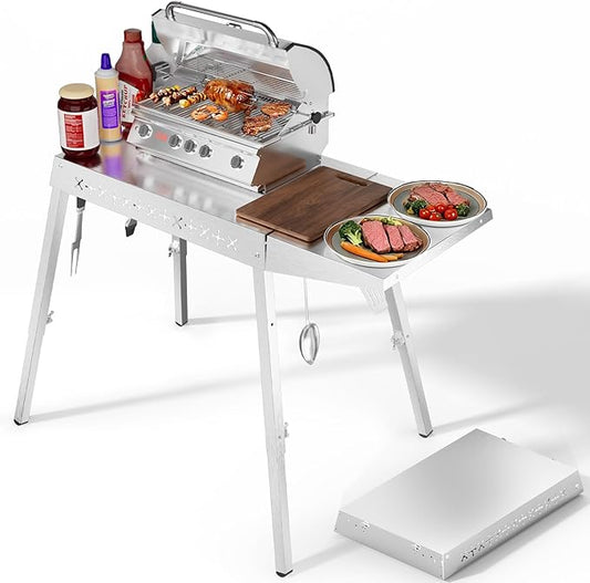 Electactic Food Grade 304 Stainless Steel BBQ Grill Table fits 20'' Tabletop Griddle, Outdoor Grill Table with 4 Foldable Legs, Portable Grill Stand for RV, Camping, Tailgating
