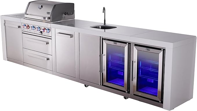 Mont Alpi Deluxe Stainless Steel 145"W Modular Outdoor Kitchen Island + 2 Refrigerators + Faucet & Sink + 32"W 4-Burner BBQ Grill + Side Burner + Granite Countertops + Storage + Rotisserie + Cover