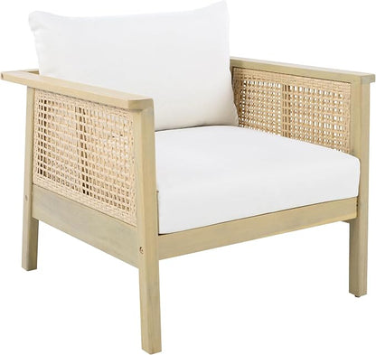 Christopher Knight Home Teras Acacia Wood Lounge Chair Outdoor Set of 2 with Removable Cushion, Solid Wood Patio Accent Chair with PE Wicker Accents, Patio Furniture Set Sofa Chair, Light Teak+Cream