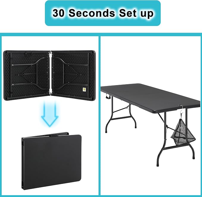 VECELO 6 ft Picini Table with Thickened Top | Removable Mesh Bag | Strong Side Support, 500lbs Weight Capacity Folding Table, Indoor & Outdoor, with Carrying Handle,Black