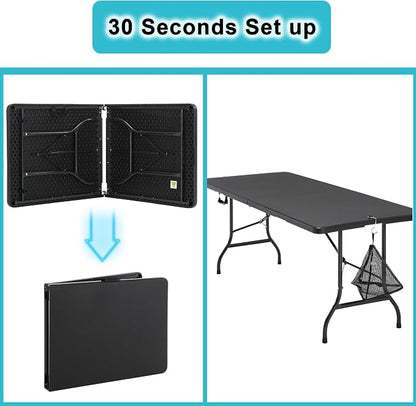 VECELO 6 ft Picini Table with Thickened Top | Removable Mesh Bag | Strong Side Support, 500lbs Weight Capacity Folding Table, Indoor & Outdoor, with Carrying Handle,Black