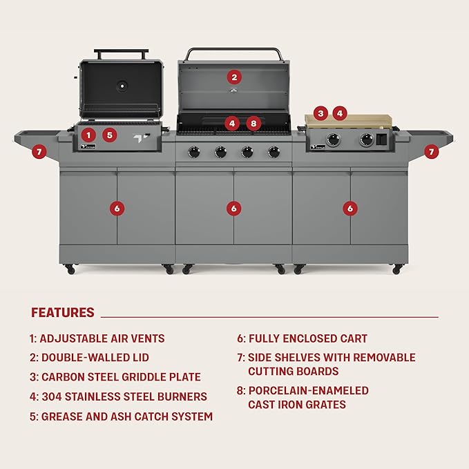 Tytus Anaheim 4-Burner Gas Grill with Two Prep Carts, Charcoal Grill, and Gas Griddle - Modular Outdoor Kitchen, Quick Assembly, Grill for Outdoor Cooking, Kitchen Island for BBQ