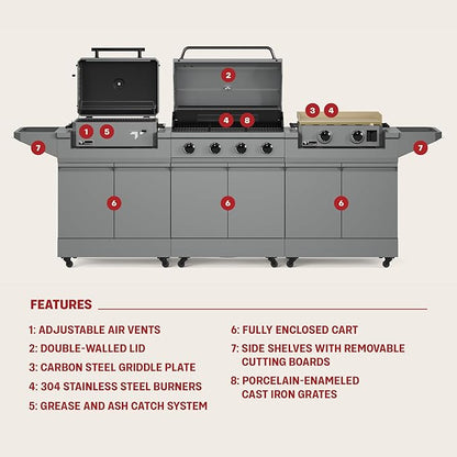 Tytus Anaheim 4-Burner Gas Grill with Two Prep Carts, Charcoal Grill, and Gas Griddle - Modular Outdoor Kitchen, Quick Assembly, Grill for Outdoor Cooking, Kitchen Island for BBQ