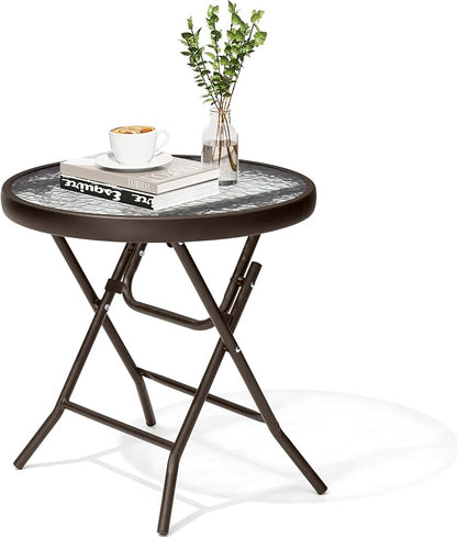 Foldable Side Table with Tempered Glass Top, Brown | 18" Small Patio Side Tables Outdoor for Porch Yard Balcony Deck Lawn Garden
