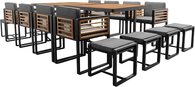 Merax 18-Piece Patio Dining Set for 16 People, Acacia Wood Outdoor Furniture Sets with 2 Square Tables, 8 Cushioned Chairs and 8 Ottomans for Backyard, Garden, Lawn, Poolside, Space Saving Design,Gray
