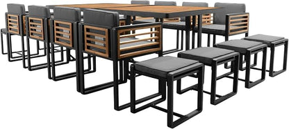 Merax 18-Piece Patio Dining Set for 16 People, Acacia Wood Outdoor Furniture Sets with 2 Square Tables, 8 Cushioned Chairs and 8 Ottomans for Backyard, Garden, Lawn, Poolside, Space Saving Design,Gray