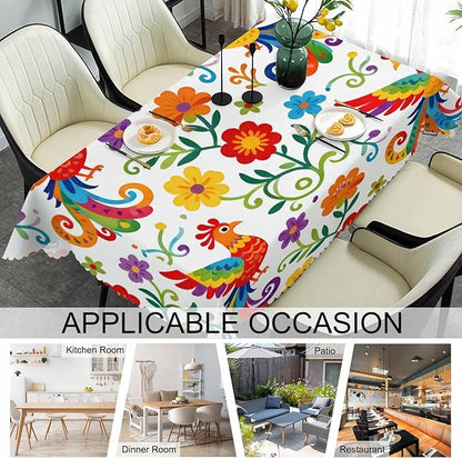 Decorative Rectangle Tablecloth 52"X70" Mexican Birds, Rainbow Paisley Birds Floral Wrinkle Free Table Cover, Picnic Table Cloths for Parties, Weddings, Kitchen