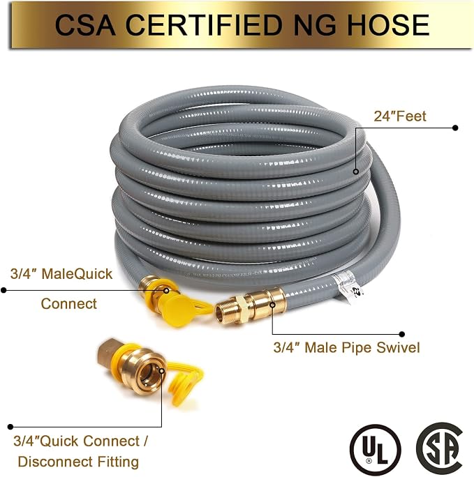 24FT 3/4" Natural Gas Hose, 3/4 Inch Natural Gas Conversion Kit | Gas Grill Hose with Quick Connect Fitting,Grill Connectors & Hoses for Patio Heater,Griddle, Outdoor NG/LP Propane Appliance