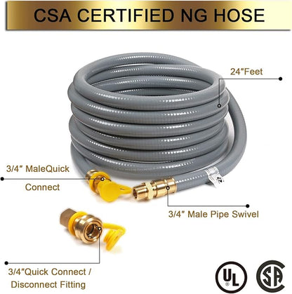 24FT 3/4" Natural Gas Hose, 3/4 Inch Natural Gas Conversion Kit | Gas Grill Hose with Quick Connect Fitting,Grill Connectors & Hoses for Patio Heater,Griddle, Outdoor NG/LP Propane Appliance