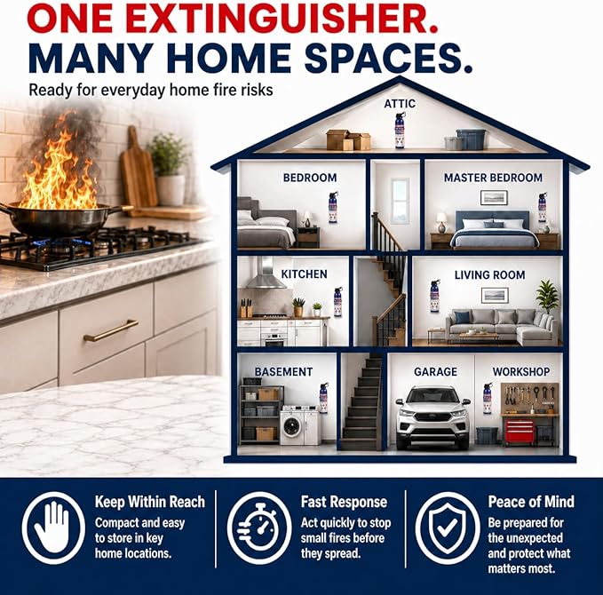 ABC Fire Extinguisher for Home & Vehicle - Portable Dry Chemical Fire Extinguisher | Grease & Electrical Fire Extinguisher for Kitchen, Car, Easy for All Ages to Use (4-Pack, 1.32lb Each)