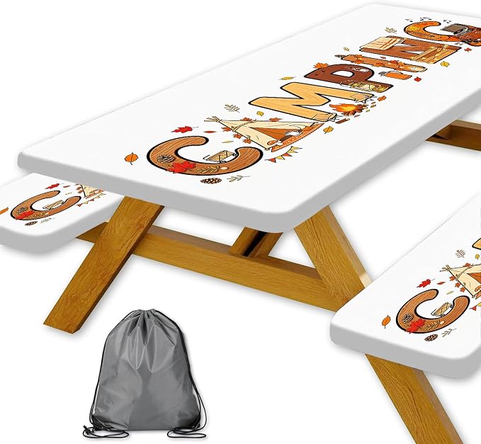 Camping Fitted Picnic Table Cover with Bench Covers 3PCS, 30x60 Inch Waterproof Elastic Outdoor Patio Tablecloth & Storage Bag, Fall Autumn Camping Essentials Decor for Camp, Backyard, RV, Party