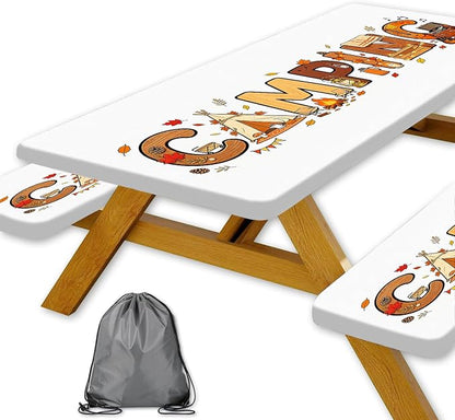 Camping Fitted Picnic Table Cover with Bench Covers 3PCS, 30x60 Inch Waterproof Elastic Outdoor Patio Tablecloth & Storage Bag, Fall Autumn Camping Essentials Decor for Camp, Backyard, RV, Party