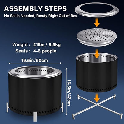 HGD 19.5" Smokeless Firepit with Stand, Stainless Steel Wood Burning Fire Pit for Friends & Family Gatherings, Secondary Combustion Outdoor Patio Stove for Garden BBQ & Bonfire (Black)