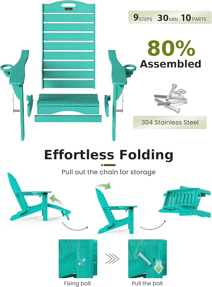 Ciokea Folding Adirondack Chair Set of 6 with Retractable Ottoman Fire Pit Patio Chair with Pull Out Foot Rest Weather Resistant Lawn Outdoor Chair with 2 Cup Holder (Lake Blue)