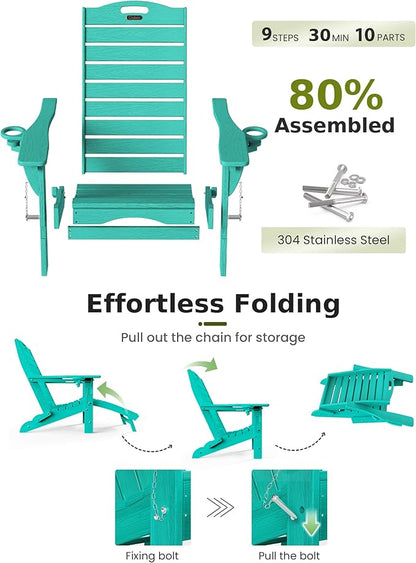 Ciokea Folding Adirondack Chair with Retractable Ottoman Fire Pit Patio Chair with Pull Out Foot Rest Weather Resistant Lawn Outdoor Lounge Chair with 2 Cup Holder (Lake Blue)
