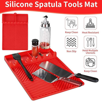 Griddle Mat Barbeque Grill Accessories Tools for Blackstone, Side Shelf Mat Grill Pad for Outdoor Grill Kitchen Counter Spatula Silicone Mat with Drip Pad for Kitchen, Cooking, Countertop (Red)