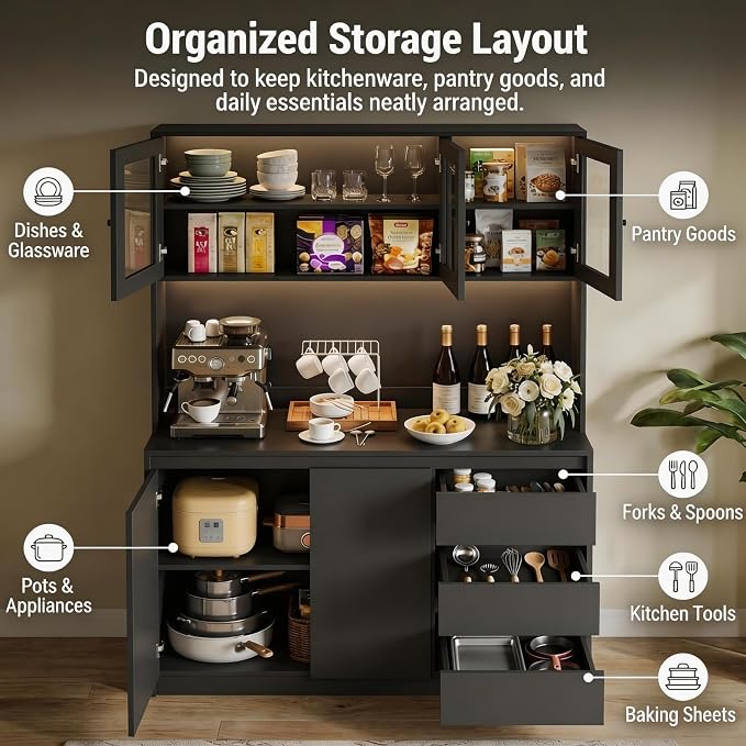 71" Kitchen Pantry Cabinet,Tall Storage Cabinet with Shelves Adjustable | Kitchen Storage Hutch with Microwave Shelf,Coffee Bar,Led Lights&Charging Station,Corner Pantry Cabinet for Living Room