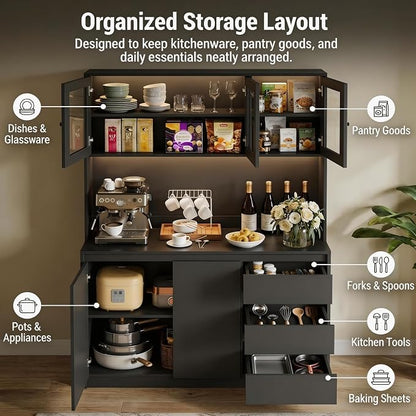 71" Kitchen Pantry Cabinet,Tall Storage Cabinet with Shelves Adjustable | Kitchen Storage Hutch with Microwave Shelf,Coffee Bar,Led Lights&Charging Station,Corner Pantry Cabinet for Living Room
