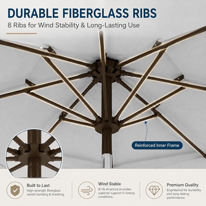 10ft Patio Umbrella, 3-Tier Vented Outdoor Table Umbrella with 8 Sturdy Fiberglass Ribs, Windproof Market Umbrella with Push Button Tilt and Crank, UV Protection for Deck, Pool, Light Gray