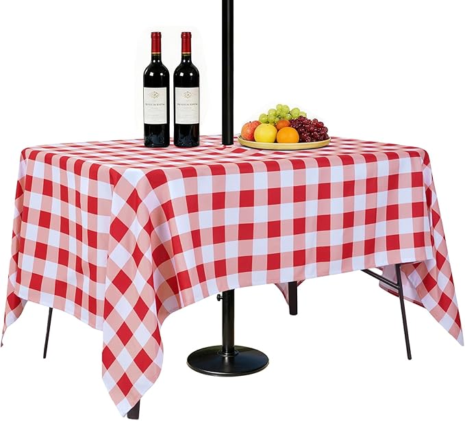 SquarePie 60x84 Inch Rectangle Outdoor Tablecloth with Umbrella HOL -Waterproof Spillproof Polyester Zipped Patio Table Cloth for Spring Summer Picnic Camping Backyard BBQs, Red Checkered