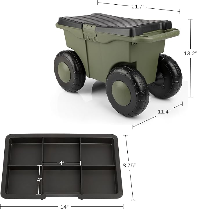 Pure Garden Rolling Garden Cart with Seat, Green | Plastic Garden Bench with Interior Tool Tray for Storage - Gardening Stool for Weeding and Planting