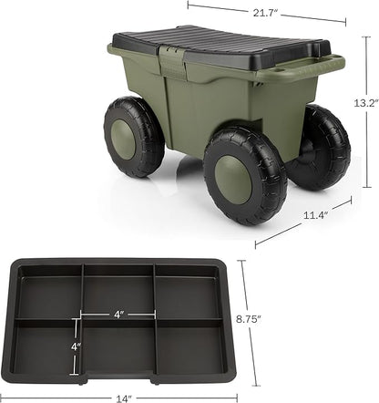 Pure Garden Rolling Garden Cart with Seat, Green | Plastic Garden Bench with Interior Tool Tray for Storage - Gardening Stool for Weeding and Planting