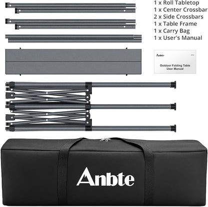 Anbte Heavy-Duty Camping Table, 48” x 23.6” Large Roll Up Camping Table for 6-8 People Support 264lbs with Carry Bag, Waterproof, Portable, for Backyard BBQ Tailgating Picnic Party Indoor, Black
