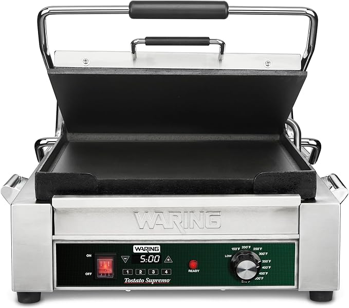 Waring Commercial Panini Press with Programmable Timer, Flat Cast Iron Plates, 14" x 14" Cooking Surface, 570°F Adjustable Thermostat, for Sandwiches up to 3" Thick, 120V, WFG275TX
