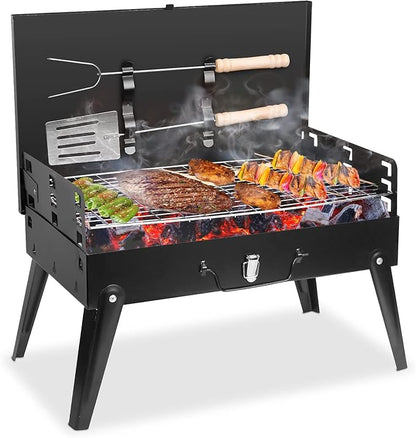 TeqHome Portable Charcoal Grill, Small BBQ Grill Outdoor Folding Barbecue Grill with Barbecue Accessories & Lid, Foldable Camping Grill for Outdoor Cooking Camp Picnic Hiking Beach Patio Smokers