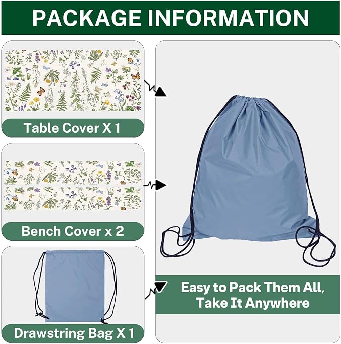 Picnic Table Cover with Bench Covers Elastic Edges, Wildflower Flower Camper Fitted Table Cover, Outdoor Camping Essentials 72 Inch 3PCS, Waterproof Camping Fitted Tablecloth with Drawstring Bag