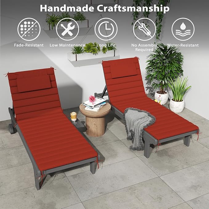 Sundale Outdoor Olefin Quilted Lounge Cushion Set of 2, Patio Foldable Chaise Lounger Cushion, Water-Resistant Lounge Chair Pad with Straps Red, 80 x 26 inches