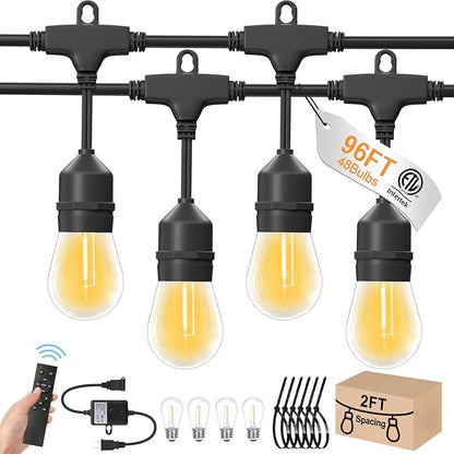 96ft Outdoor String Lights with Remote & Dimmer,48+4 Commercial Grade IP65 Waterproof Bulbs, 2700K Warm White,3 Lighting Modes & Timer,Includes 50 Cable Ties for Patio,Garden, Party（48FT*2）