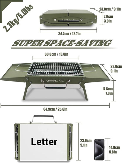 Charmline 14 x 9 inches Portable Charcoal BBQ Grill, Foldable Compact Camping Barbecue for 1–3 People, Ideal for Garden, Beach, Picnic & Tabletop Use, Green