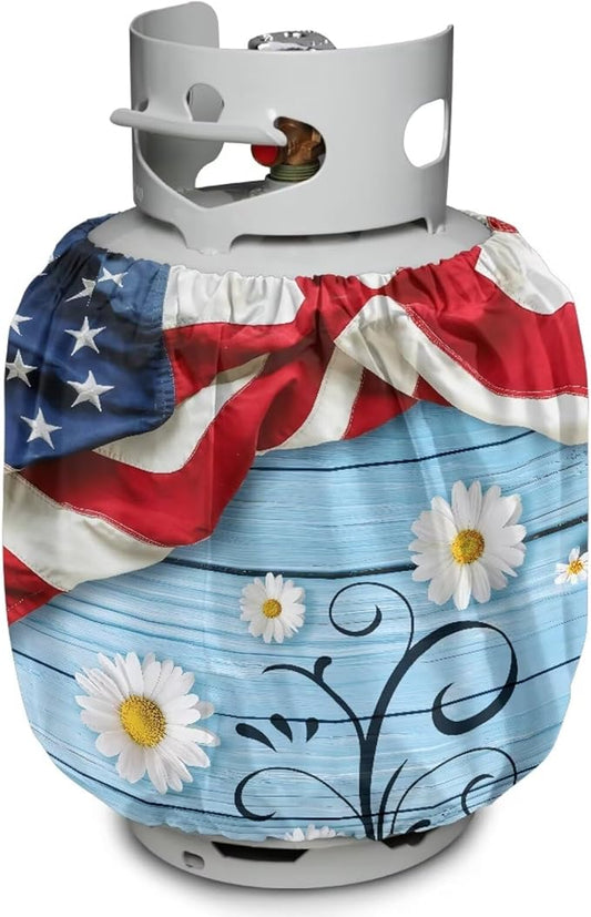 American Flag Dual Propane Tank Cover 20 lb Patriotic Weather Resistant Windproof Gas Cylinder Polyester Daisy 4th of July Decoration Slip-On Standard Tank Cover