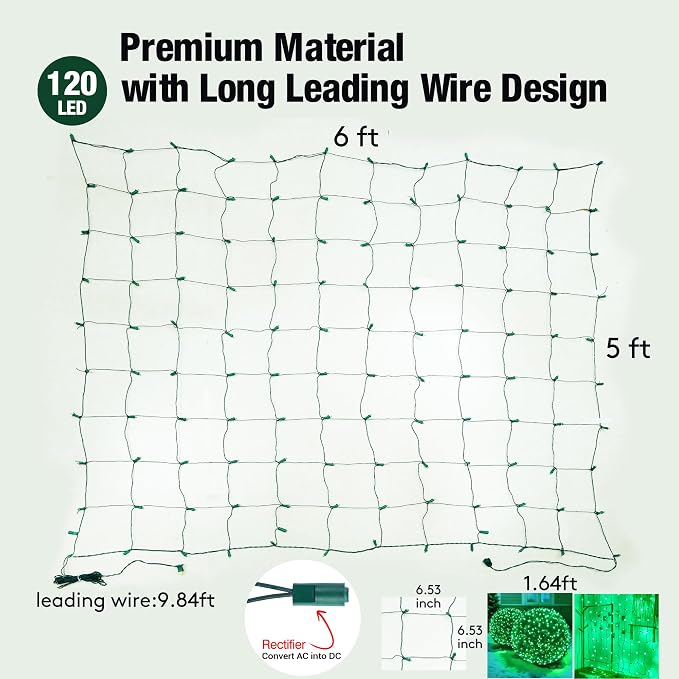 Led Green Christmas Net Lights Outdoor Christmas Bushes Lights 120Led 6ftx5ft, Connectable Outdoor Indoor Mesh Net Lighting for Xmas Holiday, Garden, Lawn, Shrubs, Trees, Bushes Decorations