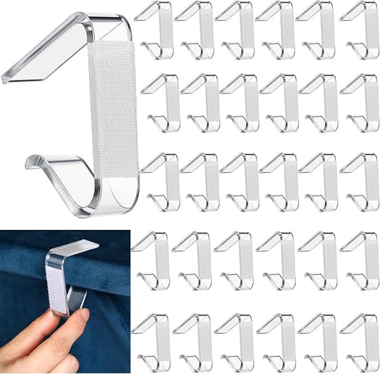 Yerliker 120 Pcs Clear Table Skirting Clips with Hook and Loop Plastic Tablecloth Clips for Meeting Party Indoor Outdoor Events