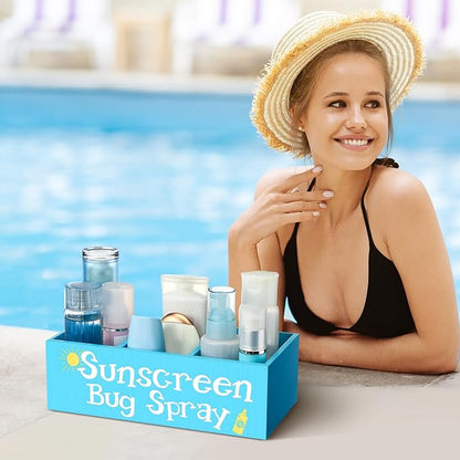 CroBlissful Sunscreen Bug Spray Storage Basket Blue Summer Wooden Box with 3 Compartments Toilet Tank Tray for Indoor Outdoor Swimming Pool Decor Sunblock Sunglasses Beach Pool Toy Storage Box