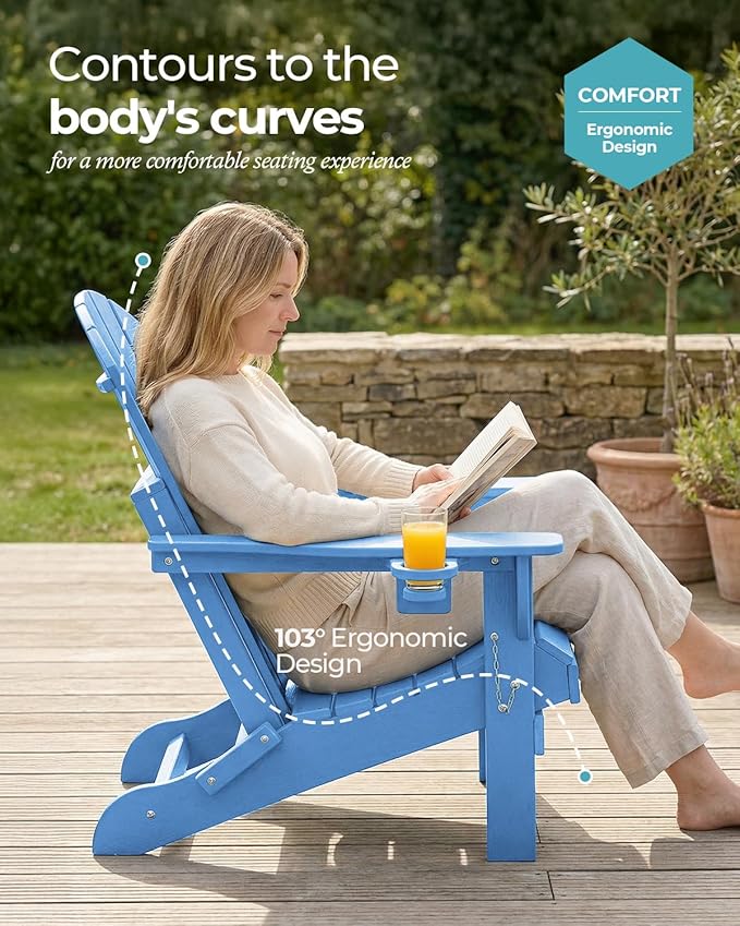Ciokea Folding Adirondack Chairs Set of 2, Patio Adirondack Chair Weather Resistant, Plastic Fire Pit Chair with Cup Holder, Lawn Chair for Outdoor Porch Garden Backyard Deck, Baby Blue