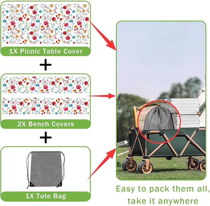 JAWO Picnic Table Cover with Bench Covers, Flowes Boho Floral Camping RV Essentials Gear Supplies Outdoor Waterproof Windproof Tablecloth with Elastic, 72in