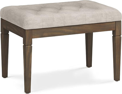 SIMPLIHOME Dahlia 18" x 46" Solid Wood Outdoor Indoor Bench in Grey | Natural linen look, traditional tufted ottoman bench with carved legs; ideal bedroom or living room footstool or footrest.