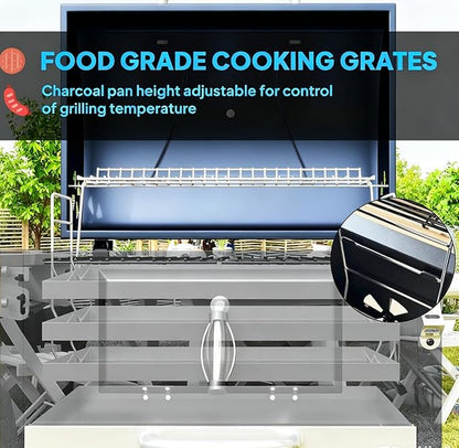 Portable Charcoal Grill with Foldable Side Shelf & Bottom Shelf, BBQ Smoker with Wheels and Adjustable Lid Vents for Picnic, Camping, Backyard Cooking (37" W x 20.5" D x 42.1" H)