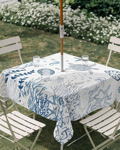 Blue Coastal Outdoor Tablecloth - 60x60 Inch Square Waterproof Dining Table Cover, Nautical Summer Beach Sea Turtle Coral Outdoor Table Cloth with Umbrella Hole & Zipper for Picnic/Patio