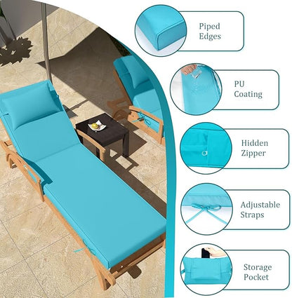 Chaise Lounge Cushions Outdoor Set of 2 Lounge Chair Cushion 80" L x 26" W with Headrest Straps 3'' Thick Waterproof Patio Chaise Cushions Pool Lounger Chair Cushion(Lake Blue)